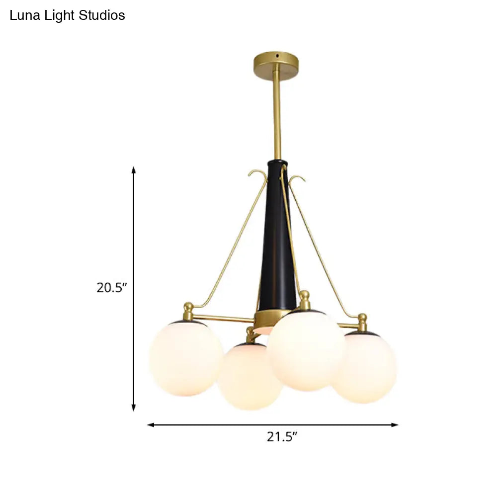 Lámpara de araña colgante de cristal blanco esmerilado - Diseño esférico modernista, 4 luces - Acabado en latón y negro