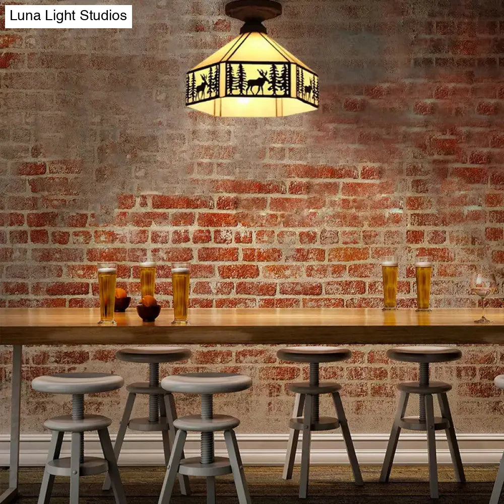 DecorBites™ DecorBites™ Geometric Semi Flush Ceiling Light with Art Glass Shade and Deer Pattern in Beige - Ideal for Bedroom Décor