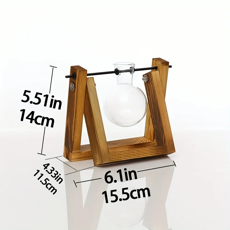 Glass Planter Propagation Station with Wooden Rack - A - Vase