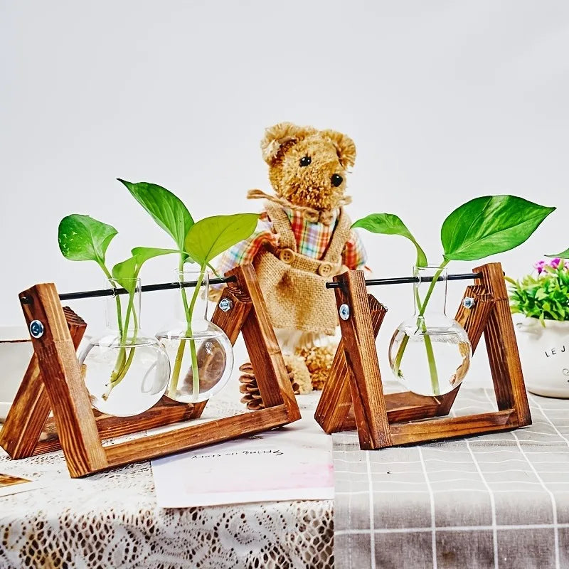 Glass Planter Propagation Station with Wooden Rack - Vase