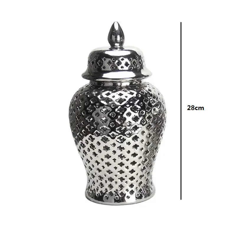 Gold Ceramic Carved Temple Jar - Home Decor - Silver 28CM - Vase