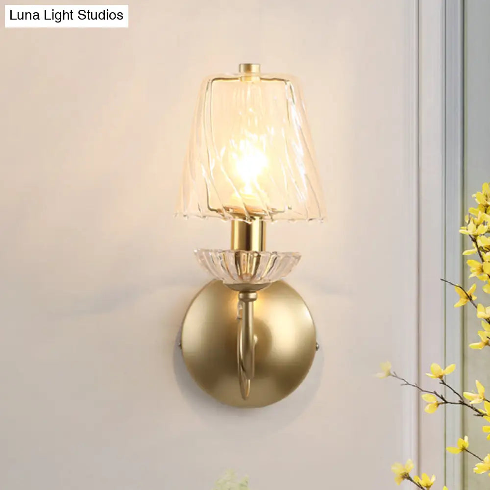 DecorBites™ Gold Conical Sconce with Clear Twisted Glass Shade - Minimalist Single Bulb Wall Light