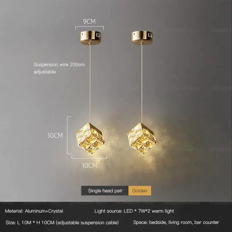 Gold crystal bedside chandelier wall light with cube-shaped faceted crystal design and aluminum frame for bedroom decorbites crystal bedside