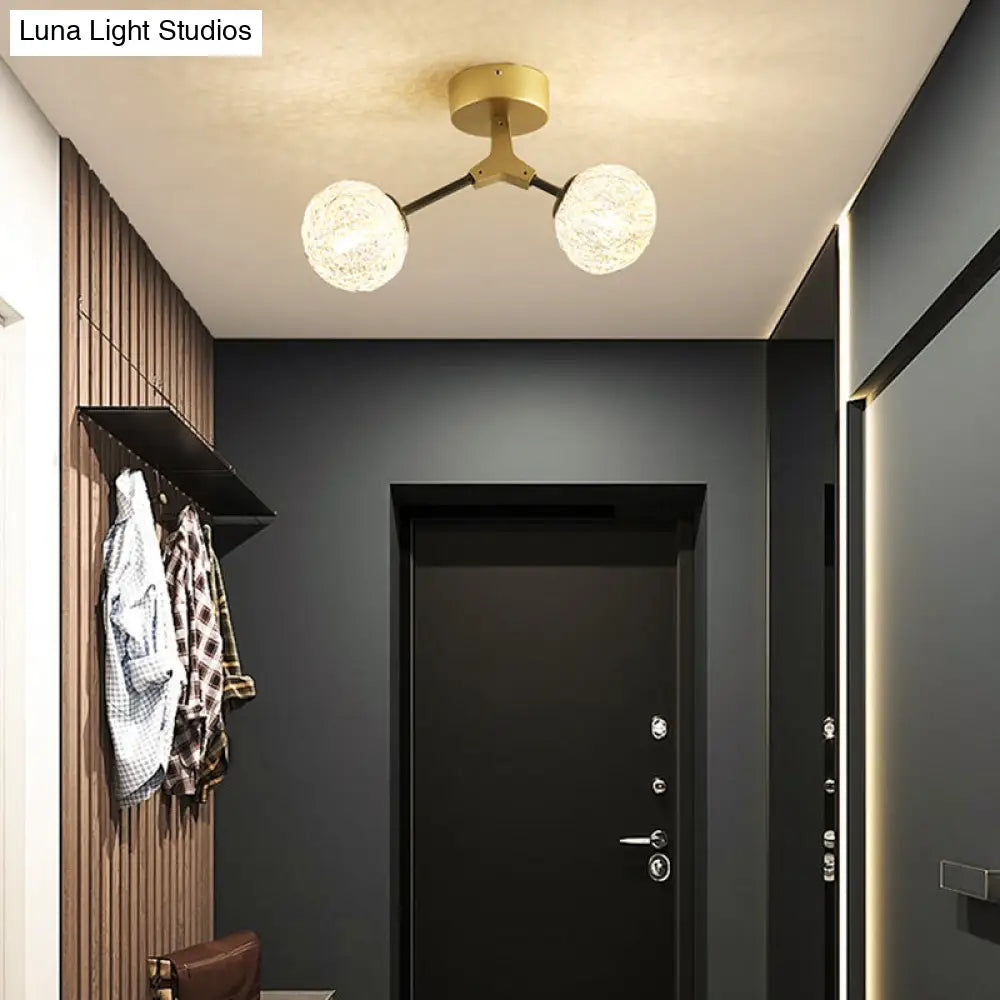 DecorBites™ DecorBites™ Gold Finish Handwoven Ball Semi Flush Light Fixture - Modern Ceiling Flush Mount