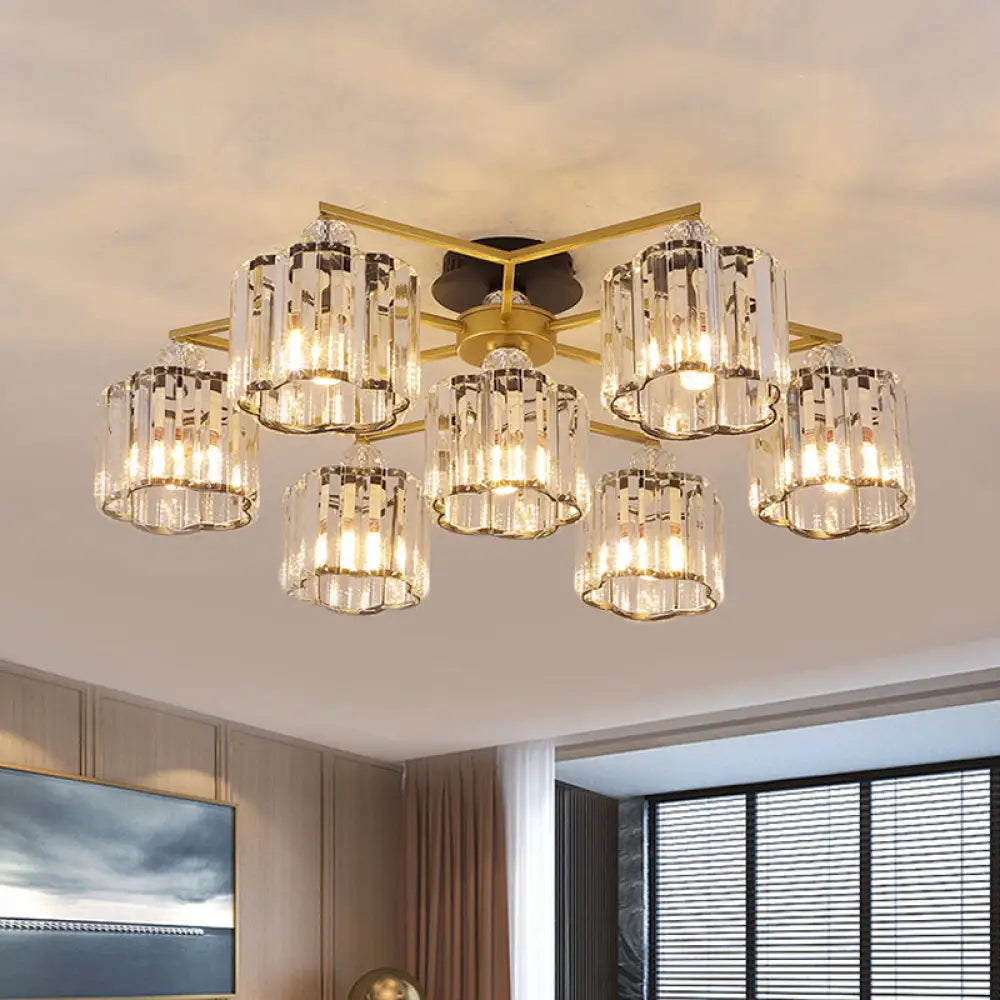 DecorBites™ DecorBites™ Gold Floral Cylinder Crystal Guest Room Semi Flush Ceiling Fixture (4/6/7-Light) - Minimalist Design