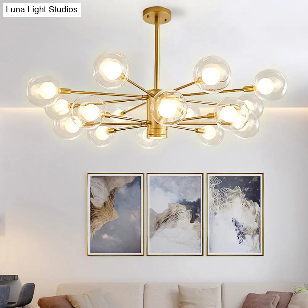 Lámpara de araña dorada con diseño radial: Lámpara de techo moderna con forma de globo de cristal, 10/12/16 luces