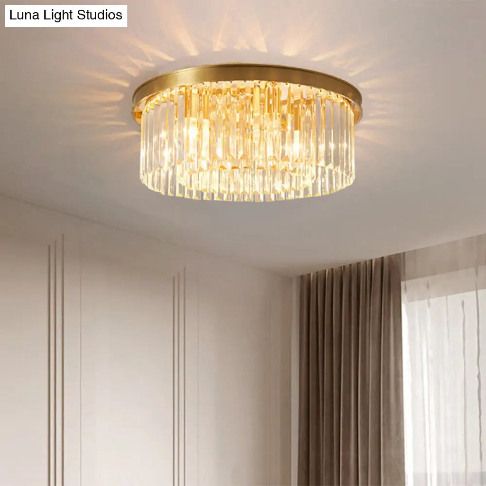 DecorBites™ DecorBites™ Gold Round Bedroom Flush Mount Lamp, 4/5 Clear Crystal Prisms, 16"/19.5" Wide