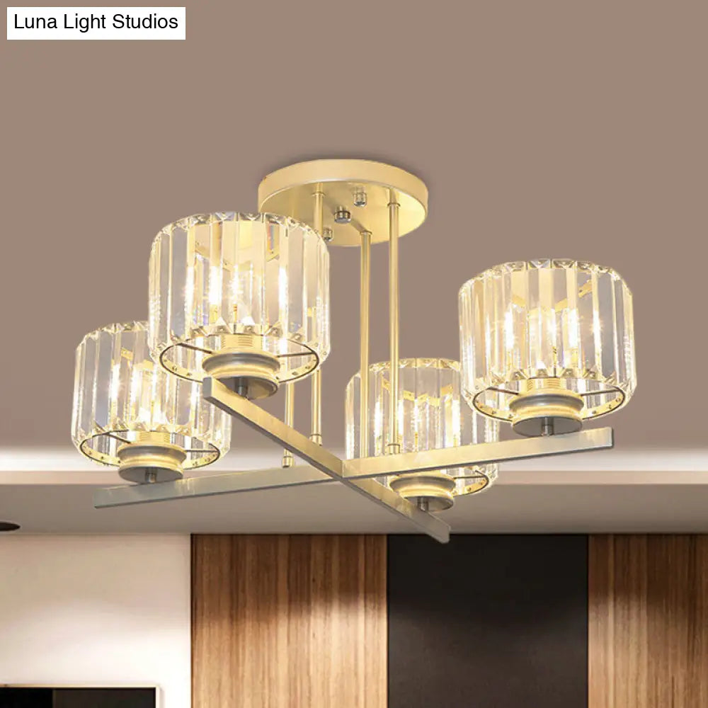 DecorBites™ DecorBites™ Gold Semi-Mount Crystal Prism Ceiling Flush Light - Modern 3/4-Light Short Cylinder