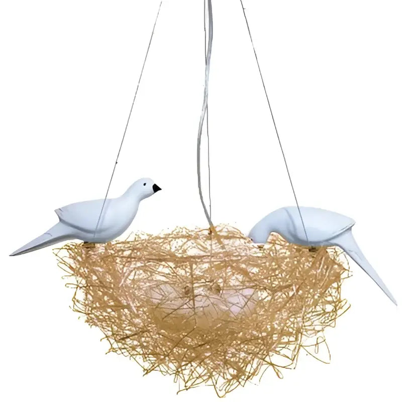 Gold and silver bird’s nest pendant lights featuring white ceramic dove figurines on a woven golden-brown nest pendant light