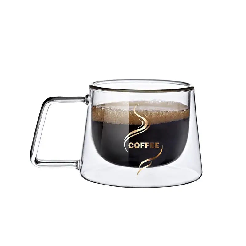 Clear decorbites glass double wall coffee mug with gold swirl logo filled with dark espresso for use as espresso cup