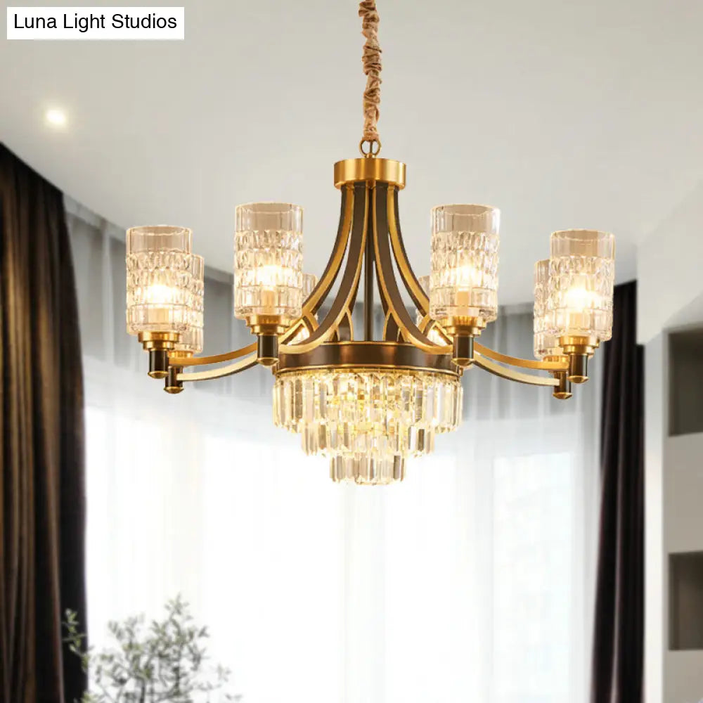 Lámpara de araña de cristal texturizado dorado con forma cilíndrica para comedor - Estilo posmoderno, 6/8 cabezales