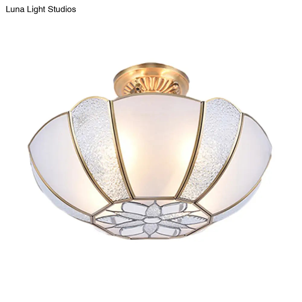 DecorBites™ DecorBites™ Golden Dome Ceiling Light: Classic Metal, 3 Lights, Semi Flush Mount with White Beveled Glass Shade