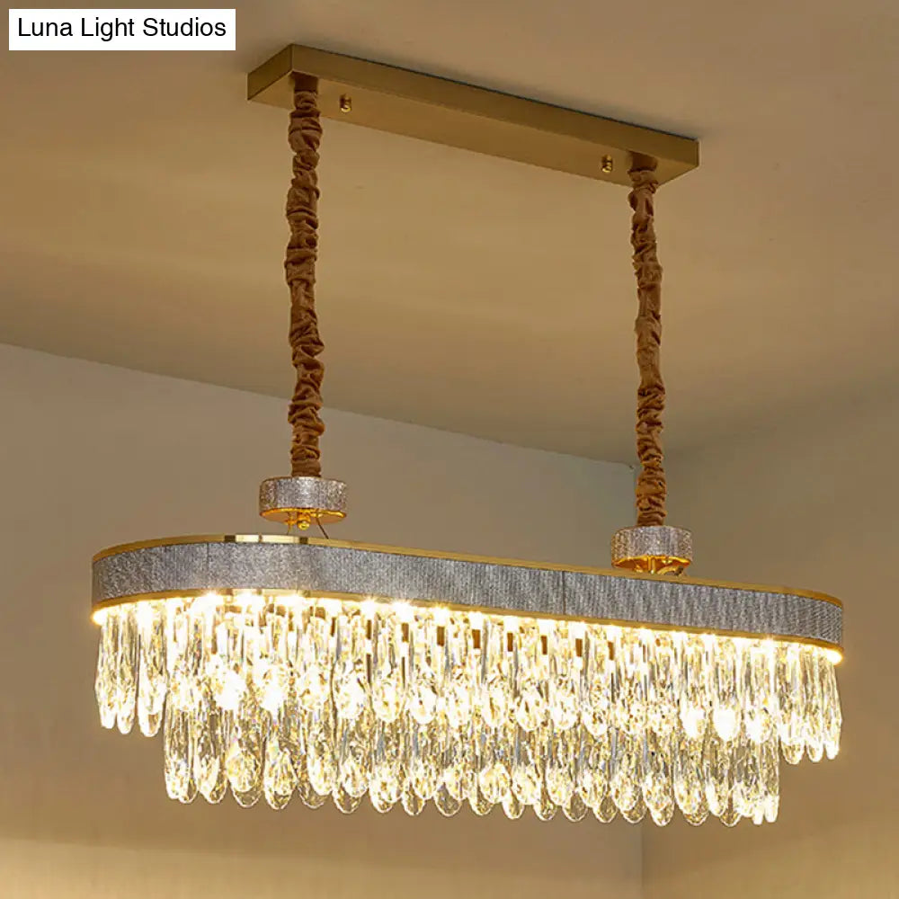 DecorBites™ Golden LED Island Chandelier with Modern Oval Clear Crystal Drops - Stylish Ceiling Light