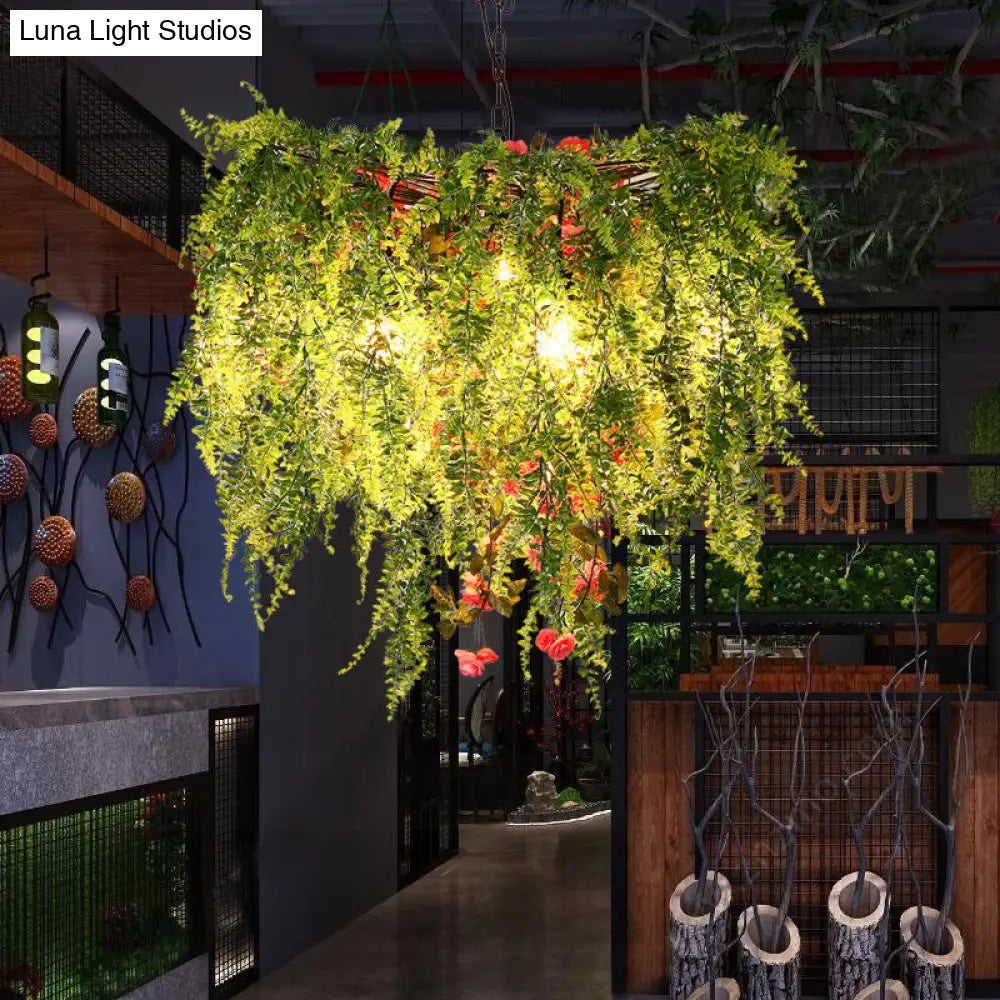 Green LED Industrial Metal Chandelier with Plant Decoration - 18"/23.5"/31.5" Wide