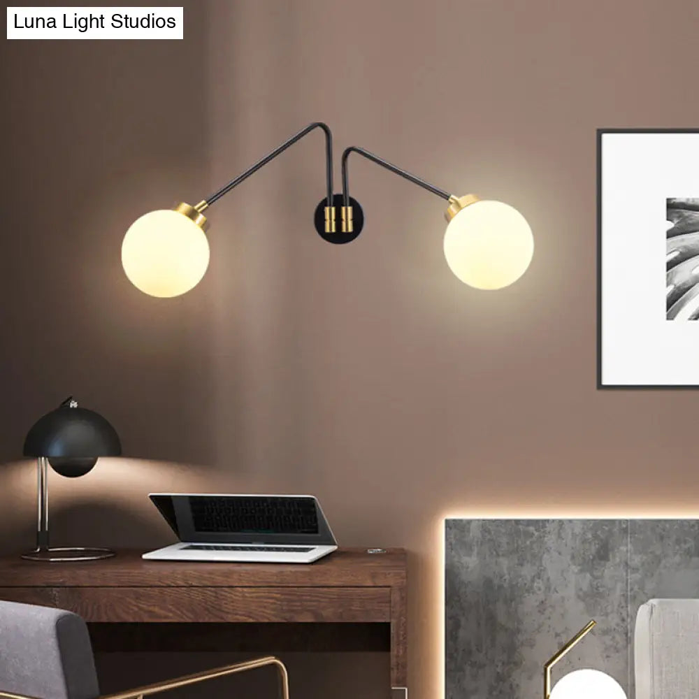 DecorBites™ Hand Blown Milk Glass Bedside Wall Mount Sconce - Minimalistic Angled Arm Design with 2 Bulbs in Black
