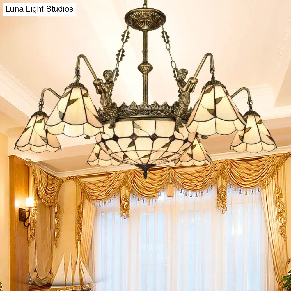 Hand Cut Glass Beige Chandelier with Scalloped Edge - Classic Pendant Light Fixture