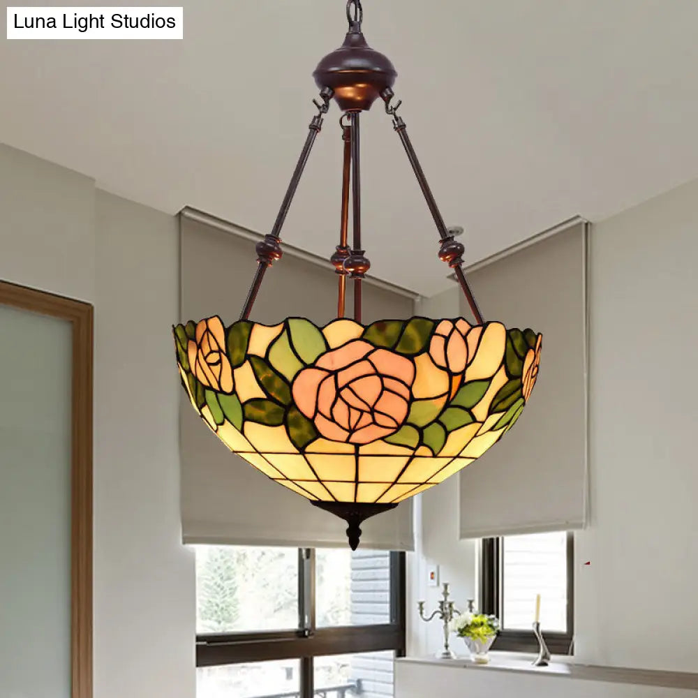 Hand Cut Glass Victorian Bowl Chandelier - 2 Lights, Red/Pink/Purple - Bedroom Pendant Lamp