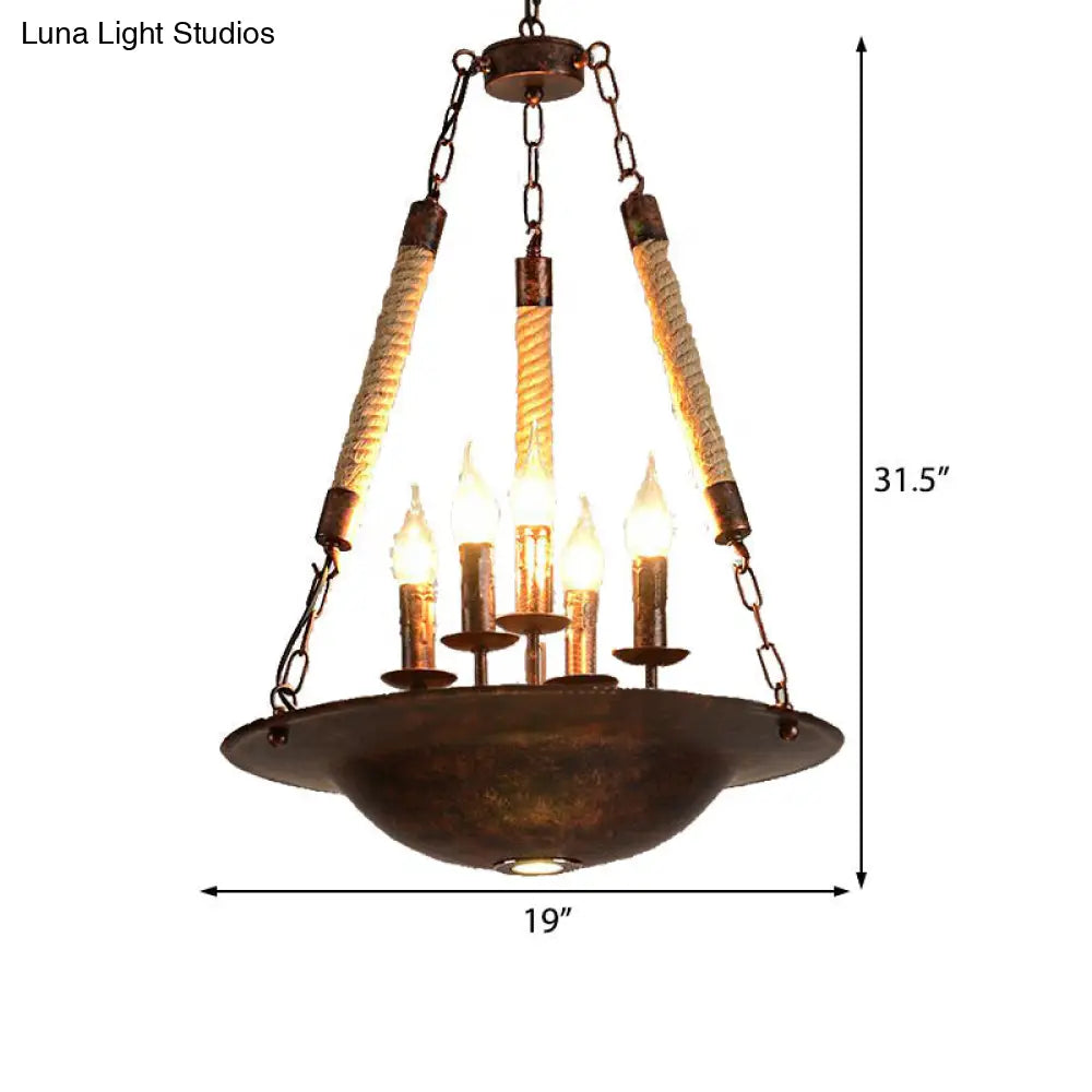 Hanging Chandelier Industrial Rust Candle Pendant Light Fixture with 5 Lights & Rope Chain