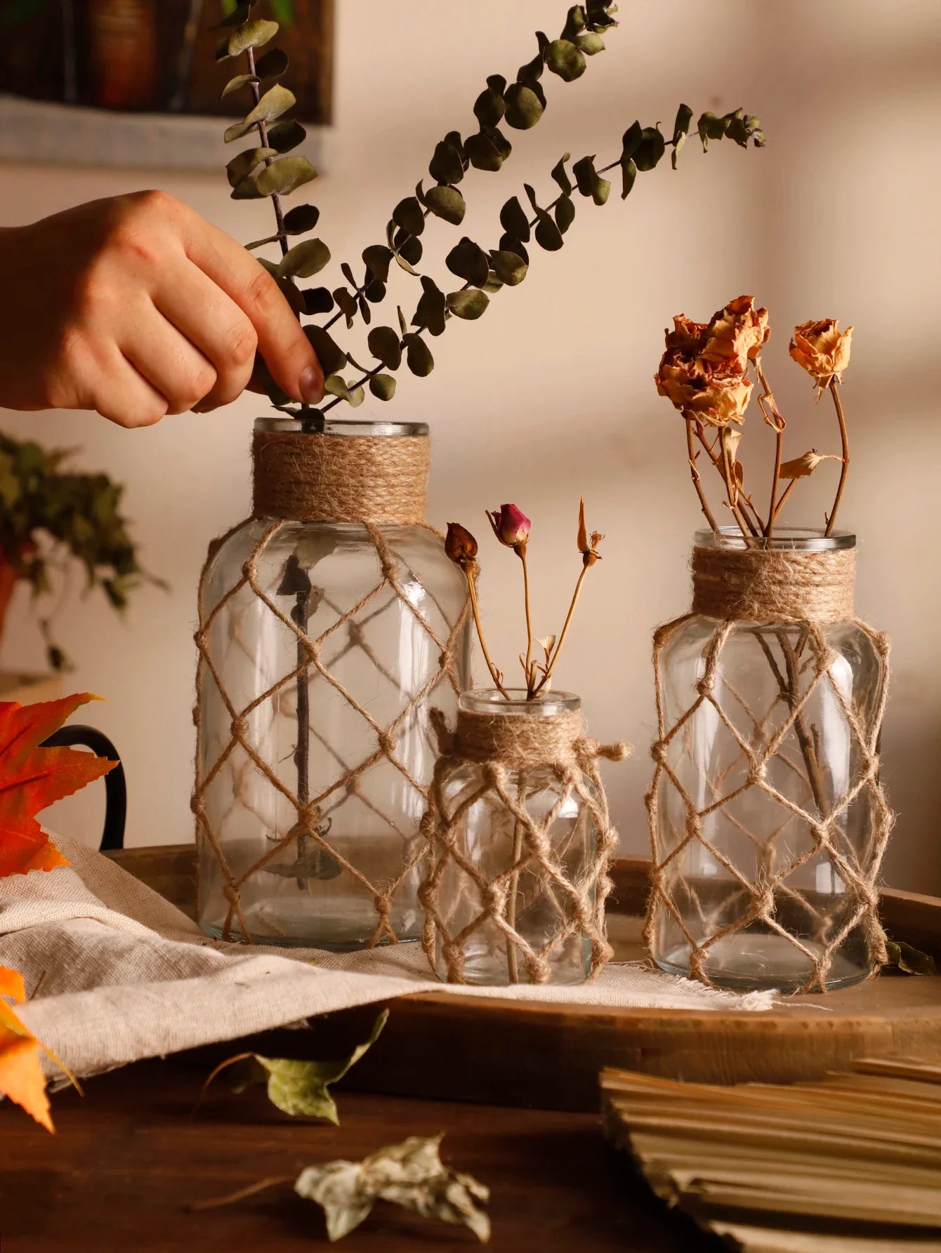 Hanging Glass Vase with Hemp Rope - Rustic Home Decor - Vase