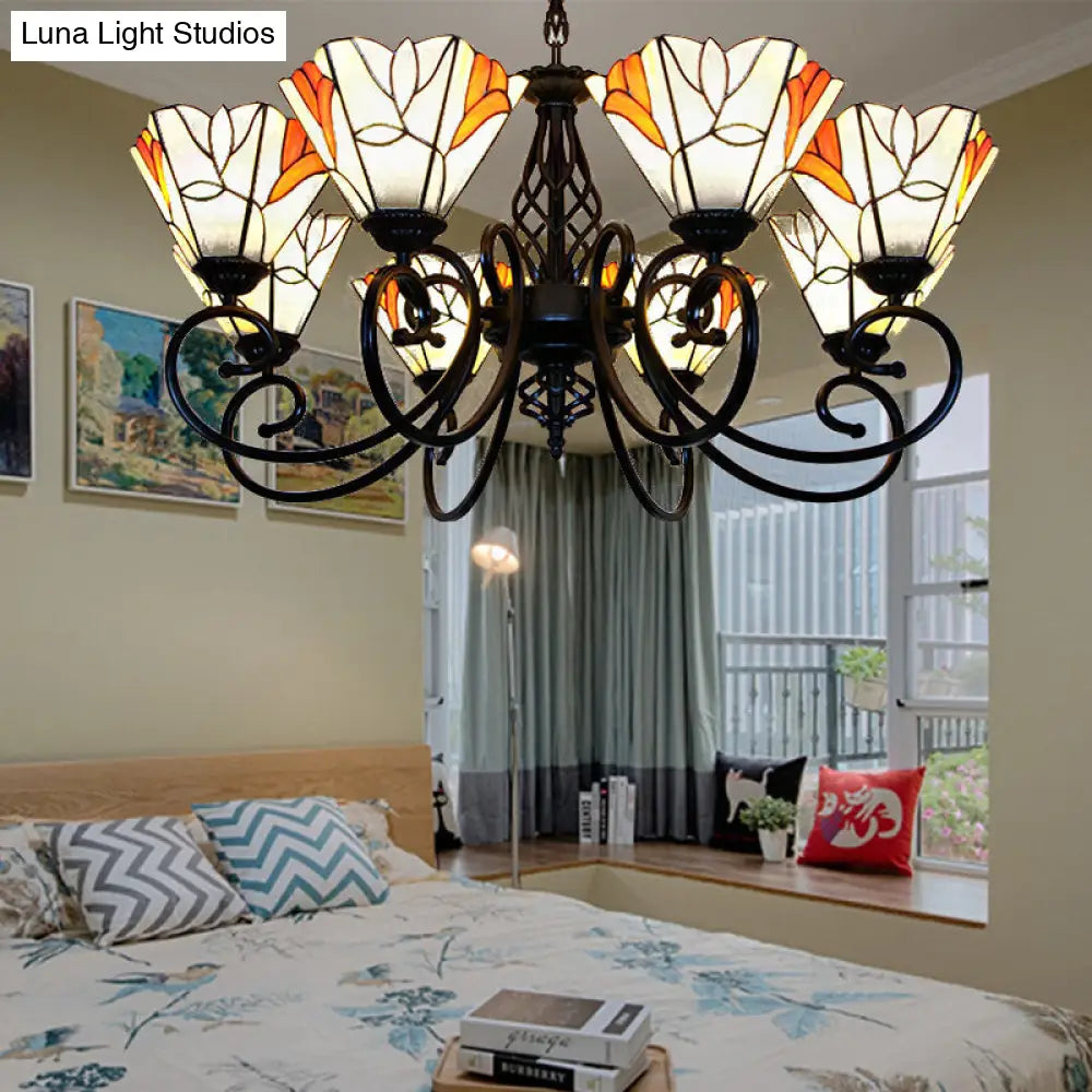 Hanging Lodge Stained Glass Pendant Light with Magnolia Design and Metal Chain for Living Room