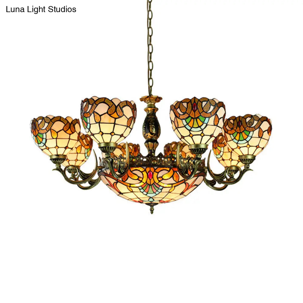 Height-Adjustable Stained Glass Multi-Light Chandelier with Metal Chain
