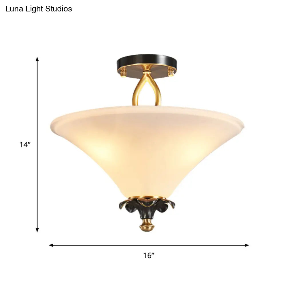 DecorBites™ DecorBites™ Horn-Shaped White Glass Semi Flush Lamp - Country Style with 3 Lights for Bedroom Ceiling in Brass