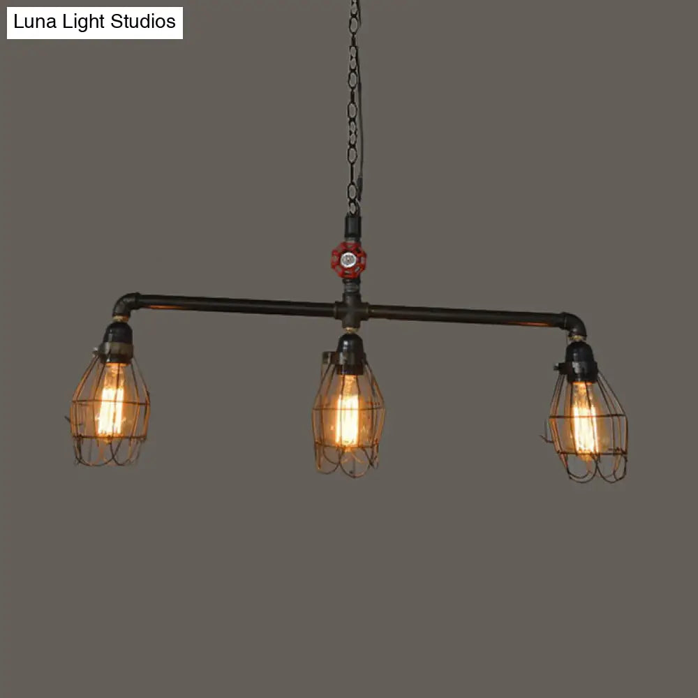 DecorBites™ Industrial 3-Light Cage Iron Pendant with Red Valve: Small, Bronze Fixture for Dining Room and Island Lighting