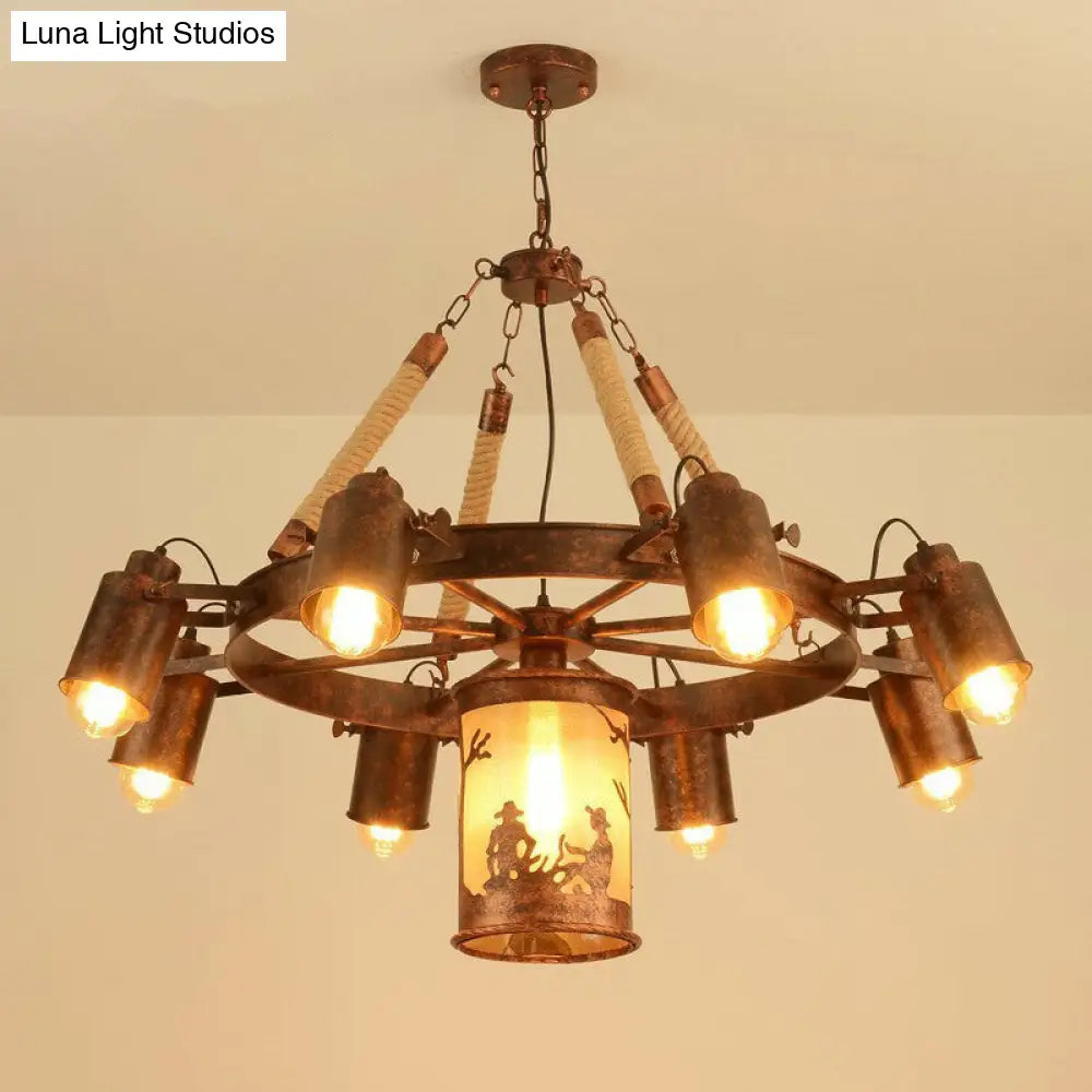 Industrial Adjustable Chandelier Pendant with 8 Lights, Black/Rust Wheel Design, Restaurant Ceiling Spotlight, Rope Accent