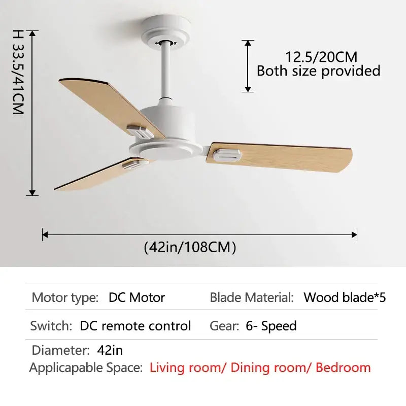 White ceiling fan with three light wood blades and dc motor in black industrial style with remote control for living room