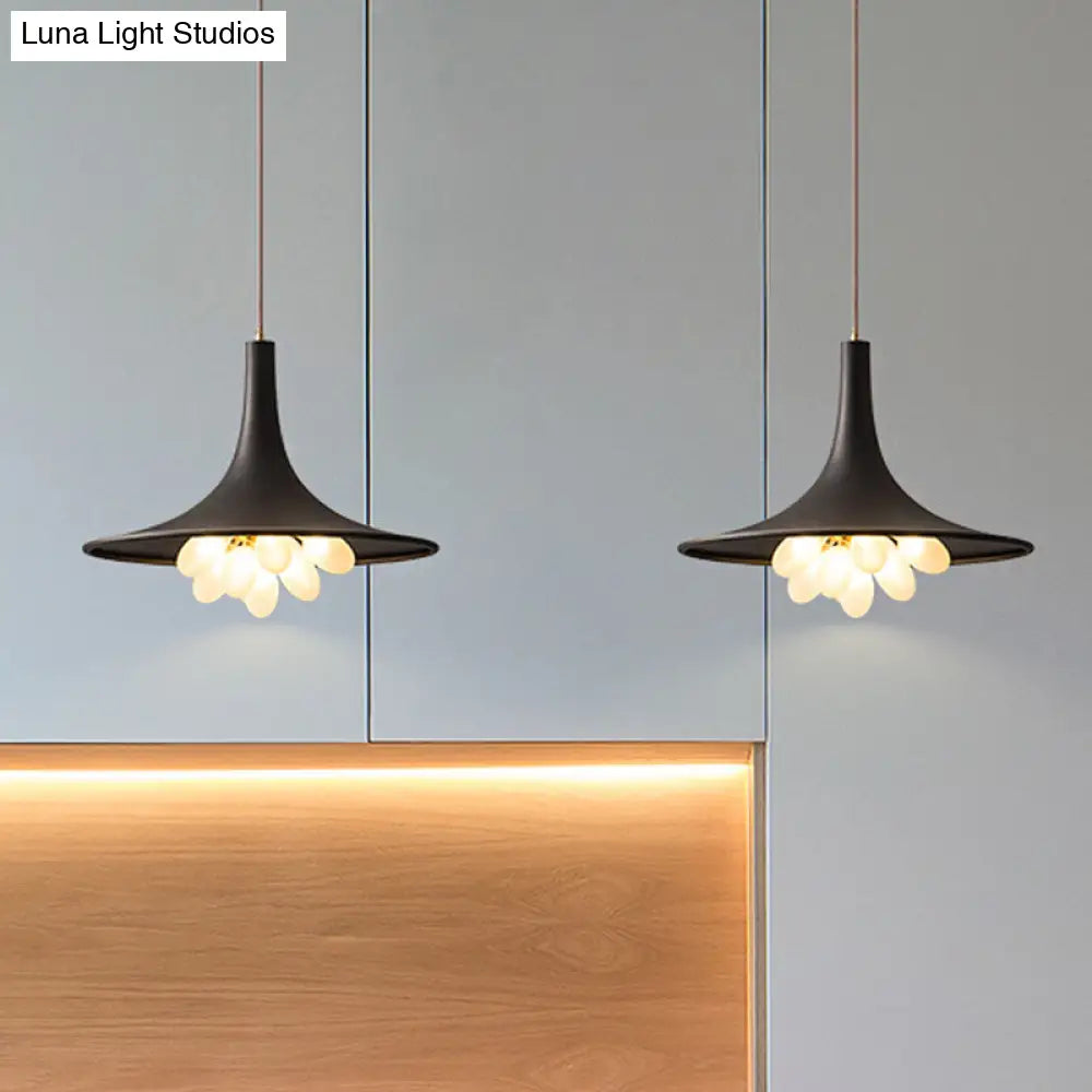 Industrial Black Iron Pendant Chandelier with Wide Flared Shade – Grapes Frosted Glass – Dining Room Hanging Lamp