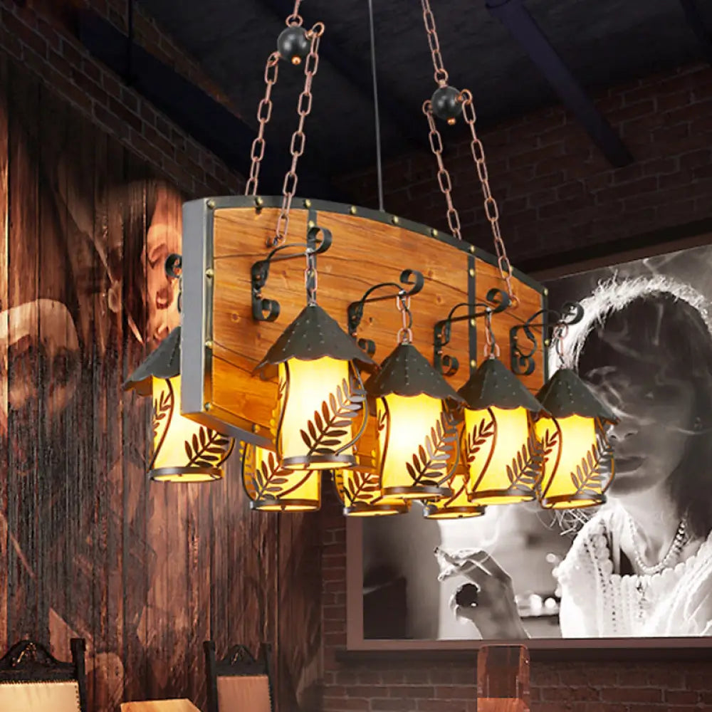 مصباح معلق صناعي أسود من DecorBites™ على شكل جزيرة مع 8 مصابيح، وذراع معدني، وقماش أبيض/زجاج شفاف - لسقف المطعم