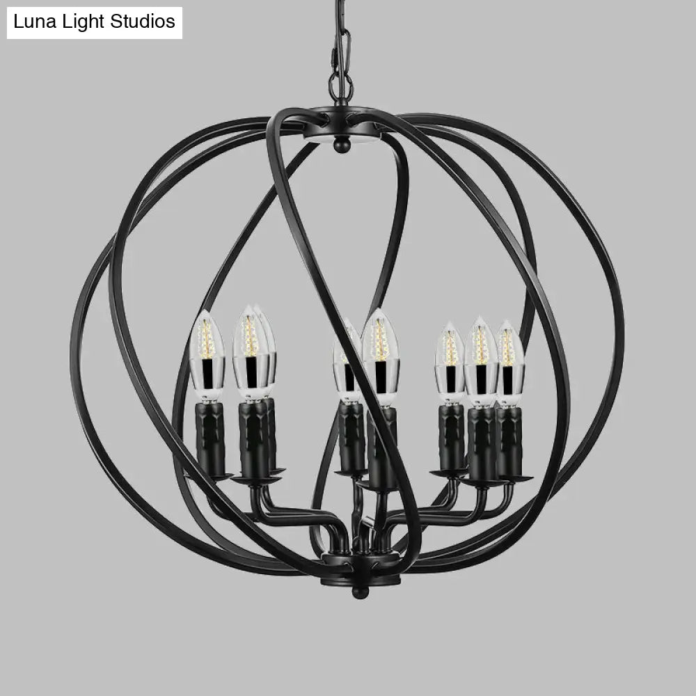 Industrial Black Round Cage Chandelier - 8-Light Pendant Light for Large Dining Rooms with Candle Decoration