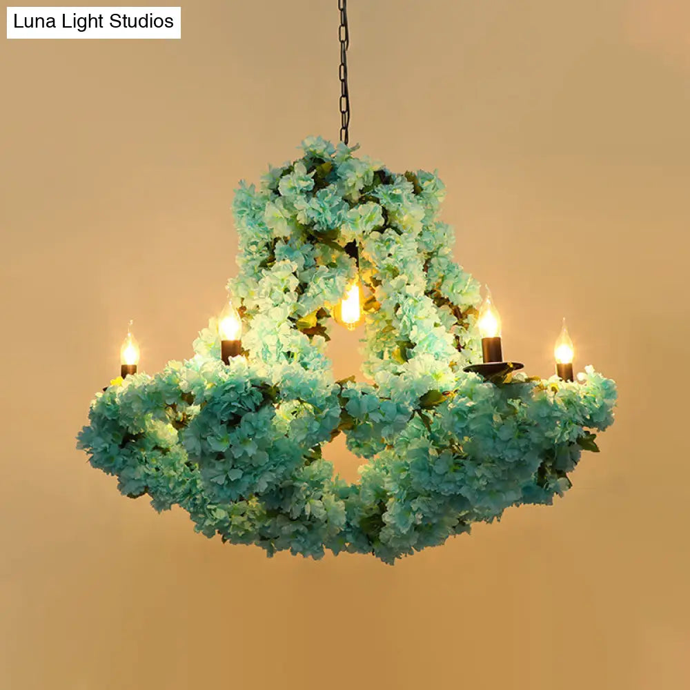 Industrial Blue Metal LED Candle Pendant Chandelier with Cherry Blossom Decoration - 6 Bulb Suspension Lighting Fixture