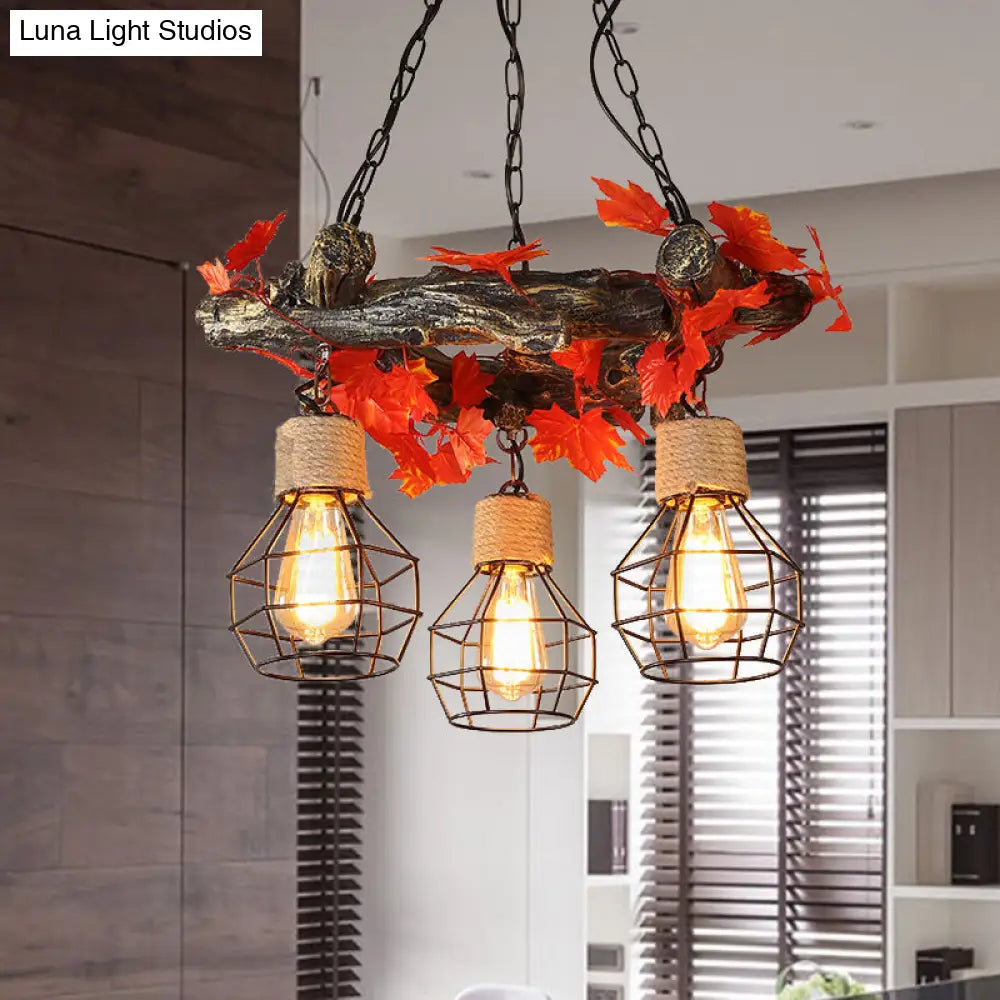 Industrial Bulb Ceiling Chandelier: 3 Metal LED Hanging Lights in Red/Pink/Green with Flower/Plant/Maple Leaf Design