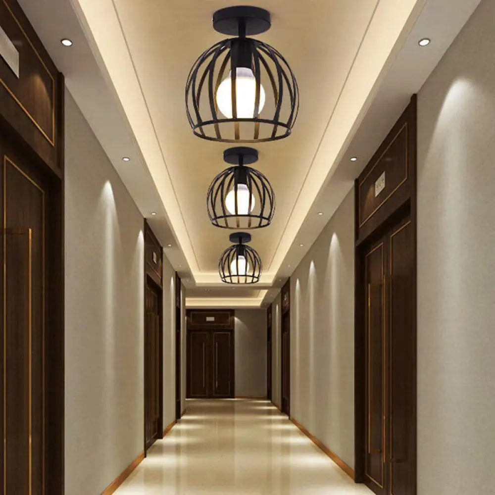 DecorBites™ DecorBites™ Industrial Cage Metal Ceiling Light in Black - Single-Bulb Semi Flush Fixture, Ideal for Corridor