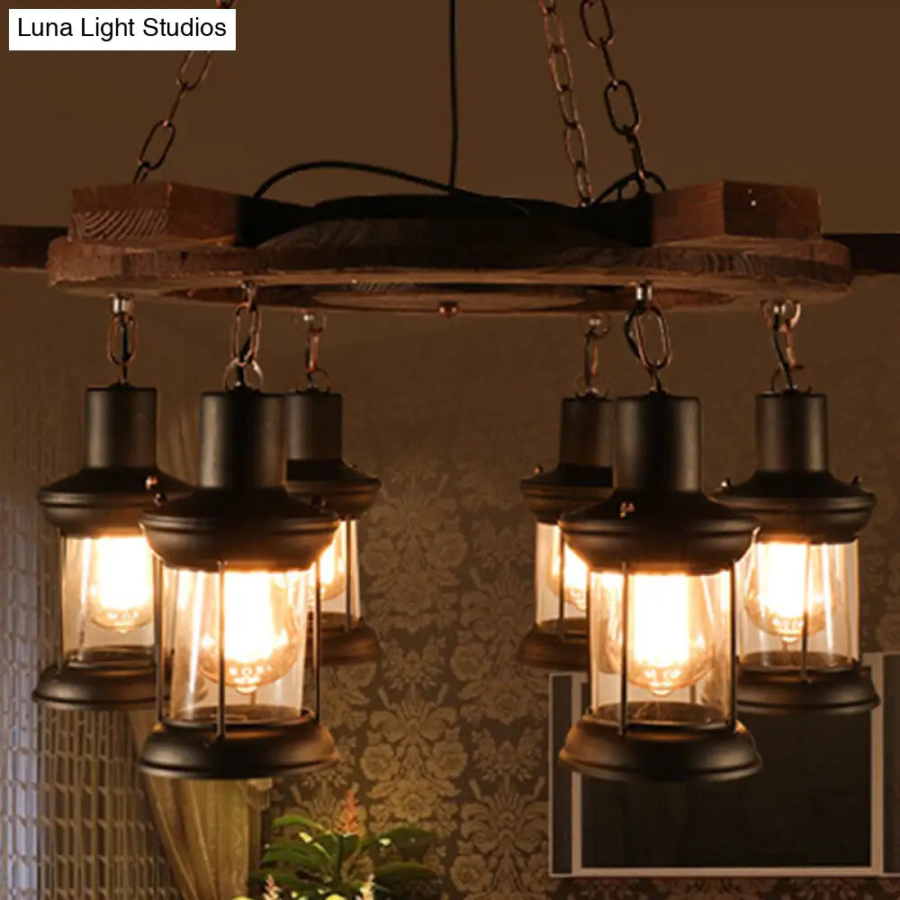 Industrial Clear Glass Lantern Shade Chandelier Pendant Light with 3/6 Bulbs for Dining Room Ceiling in Black