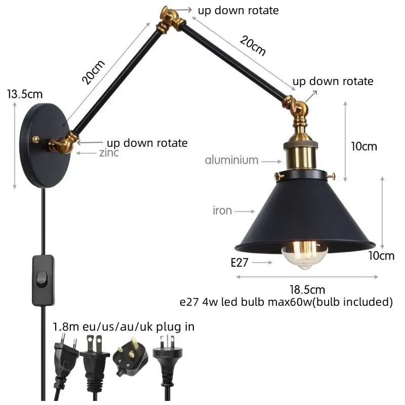 Black industrial copper iron led wall lamp with brass accents and adjustable arms for bedroom decorbites iron led wall use