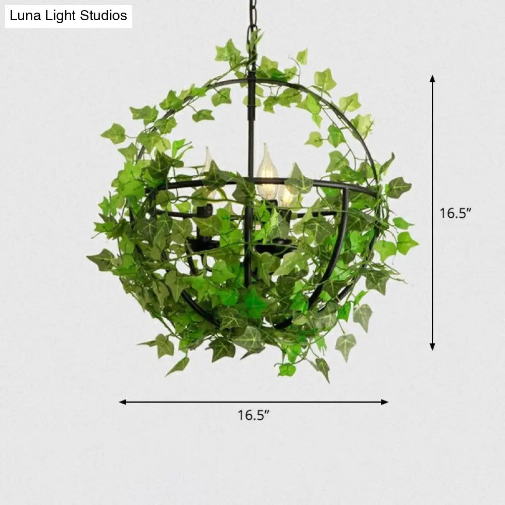 Industrial Green Iron Ceiling Chandelier with 3-Lights, Fake Plant and Cage - Restaurant Pendant Lamp