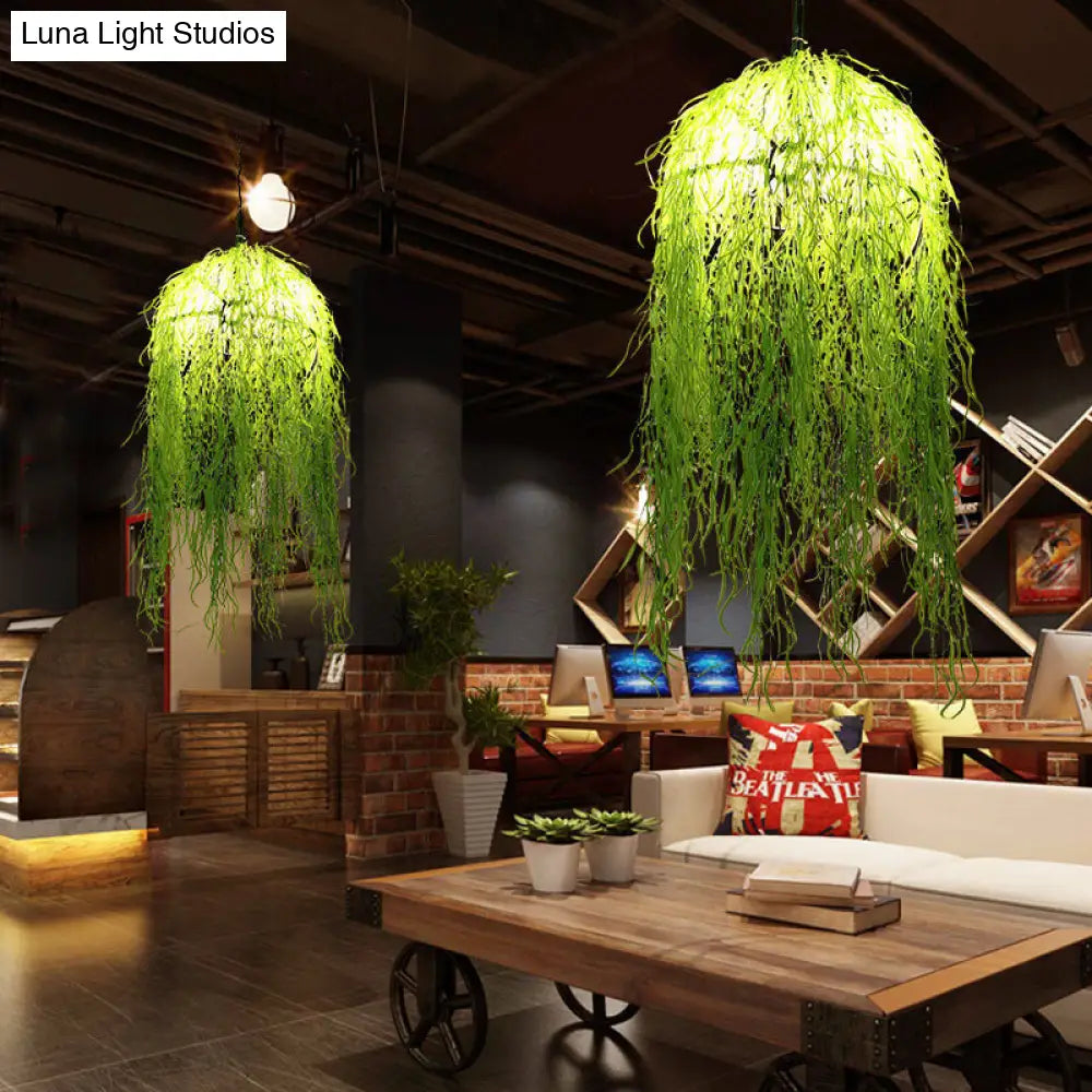 Industrial Green Metal Chandelier with Bell Cage Design and Wicker Ornament, 18"/21.5" Wide - Hanging Ceiling Light with 3 Heads