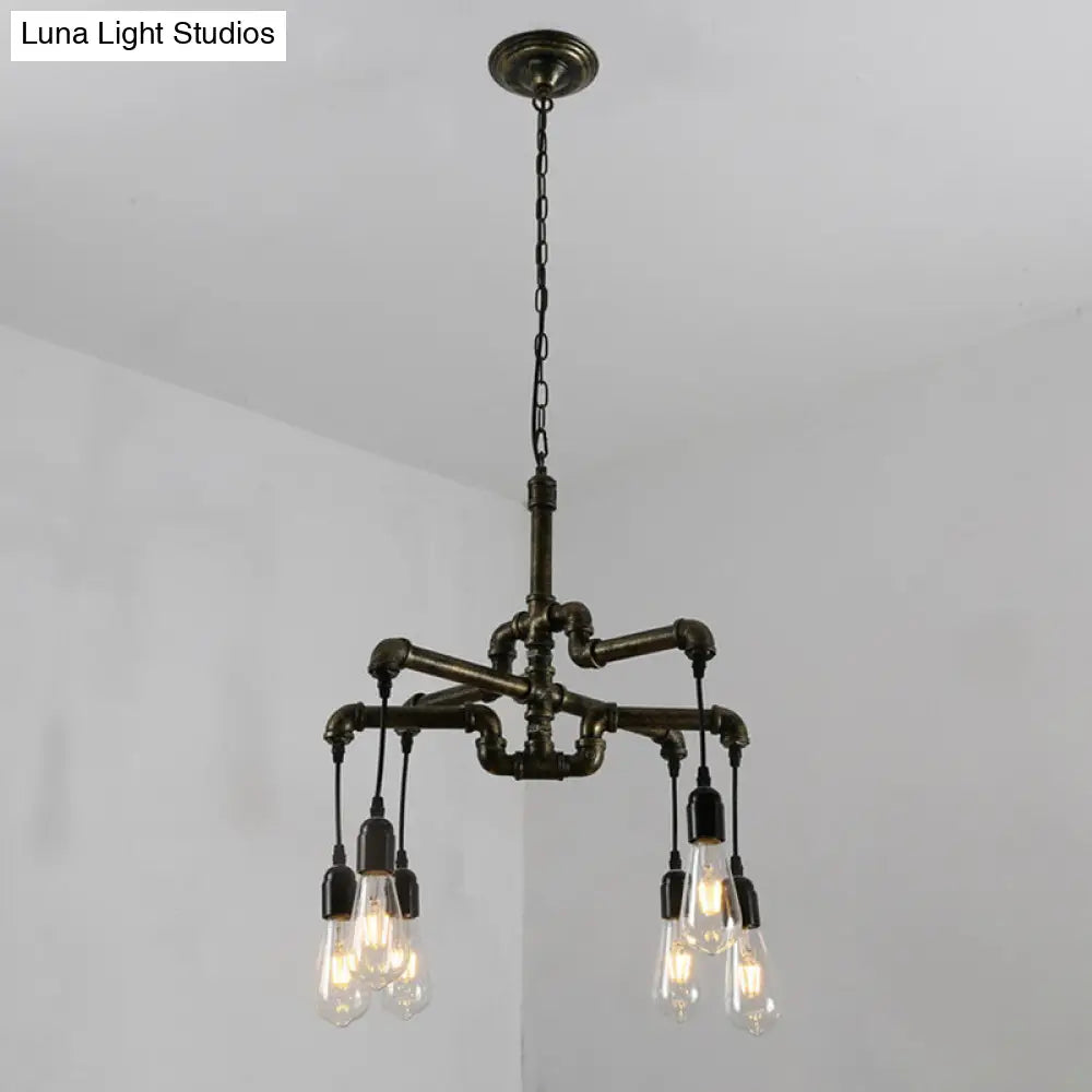 Industrial Iron 2-Layer Water Pipe Chandelier with Bronze Finish - 4/6 Heads - Dining Room Ceiling Light
