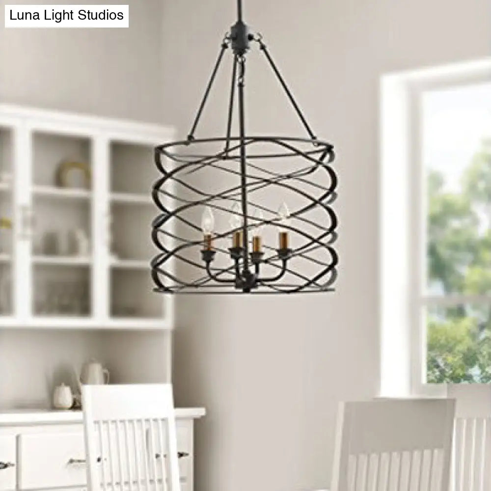 Industrial Iron Cage Shade Hanging Lamp – Black, Cylindrical Design – 4 Bulb Chandelier for Dining Room