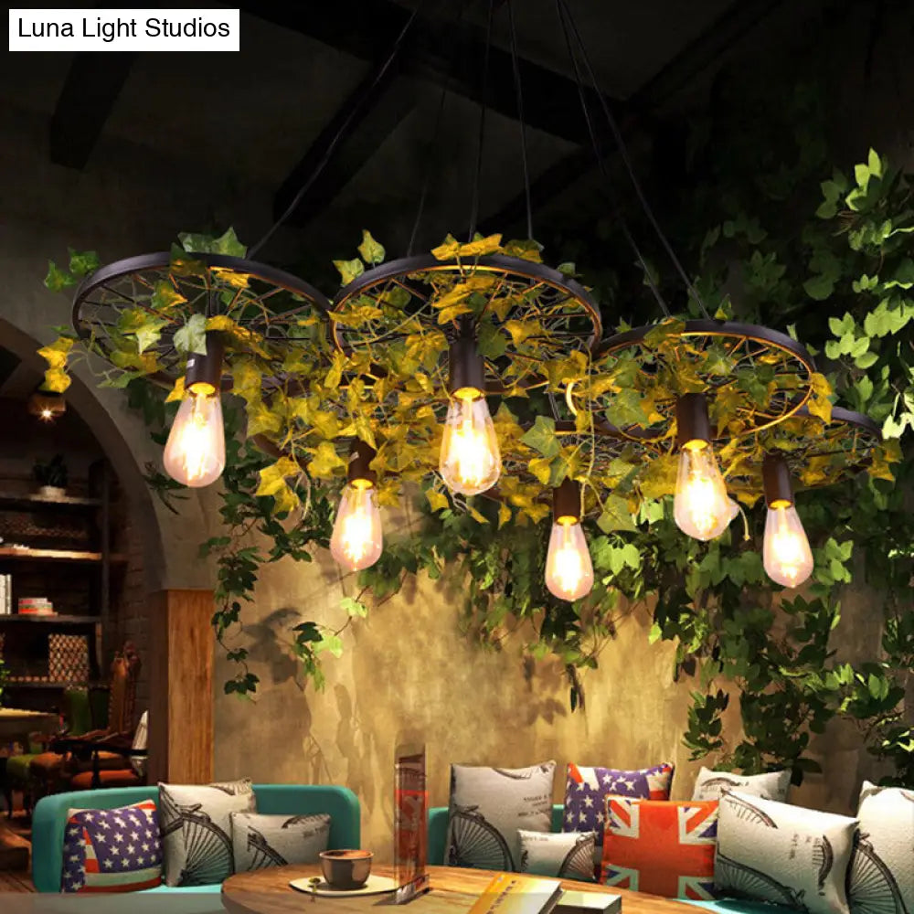 Industrial Metal Ceiling Lamp with Plant Decor and Multiple Heads for Restaurant