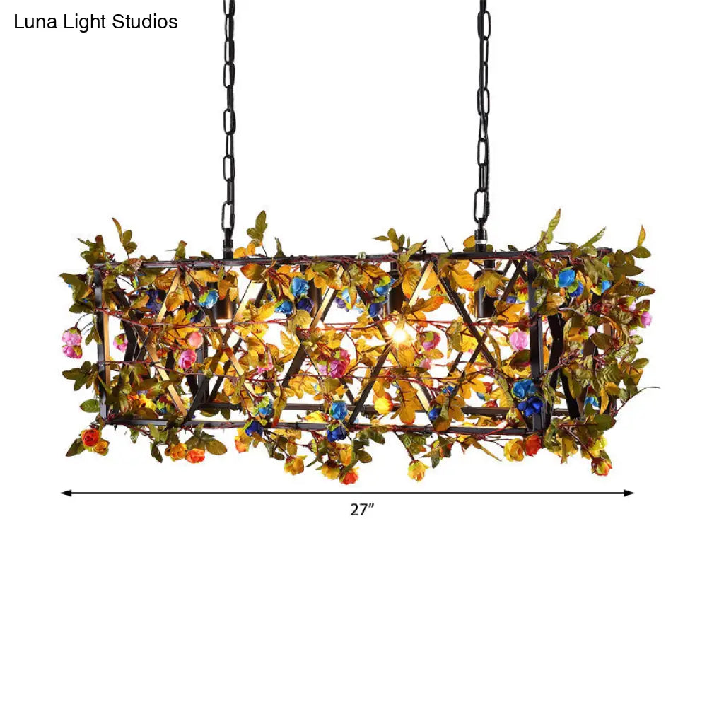 Industrial Metal Chandelier: 4-Light Black Dining Room Pendant with Flower Detail