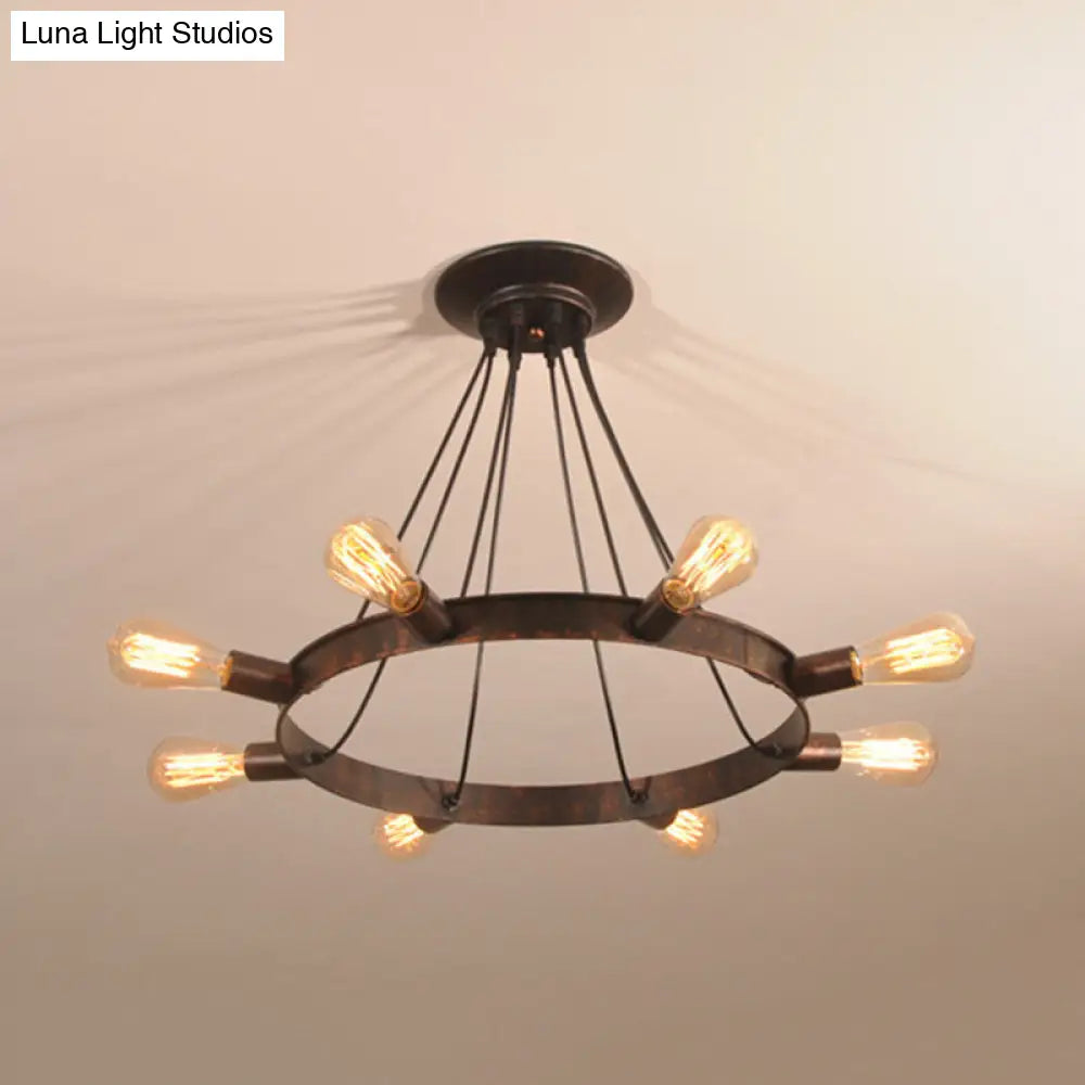 Industrial Metal Circle Design 8-Bulb Chandelier Pendant Light with Exposed Bulbs, Brown