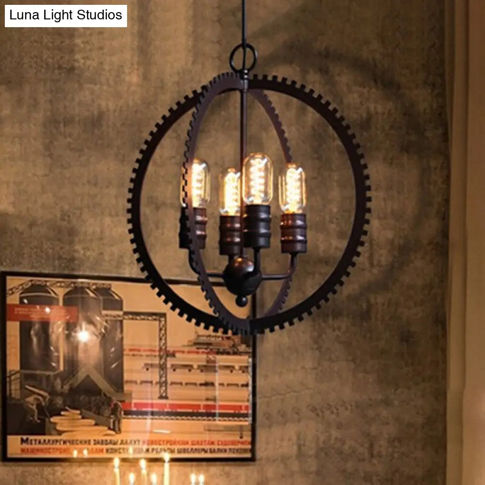 Industrial Metal Hanging Chandelier with 4-Lights, Globe Shade and Bronze Finish for Dining Room