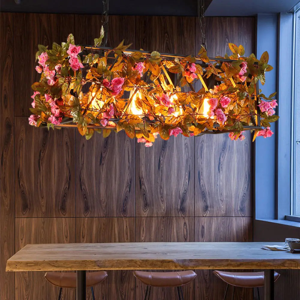 DecorBites™ Industrial Metal LED Hanging Lamp in Pink/Brown with Flower Decoration - 4-Light Rectangle Island Light