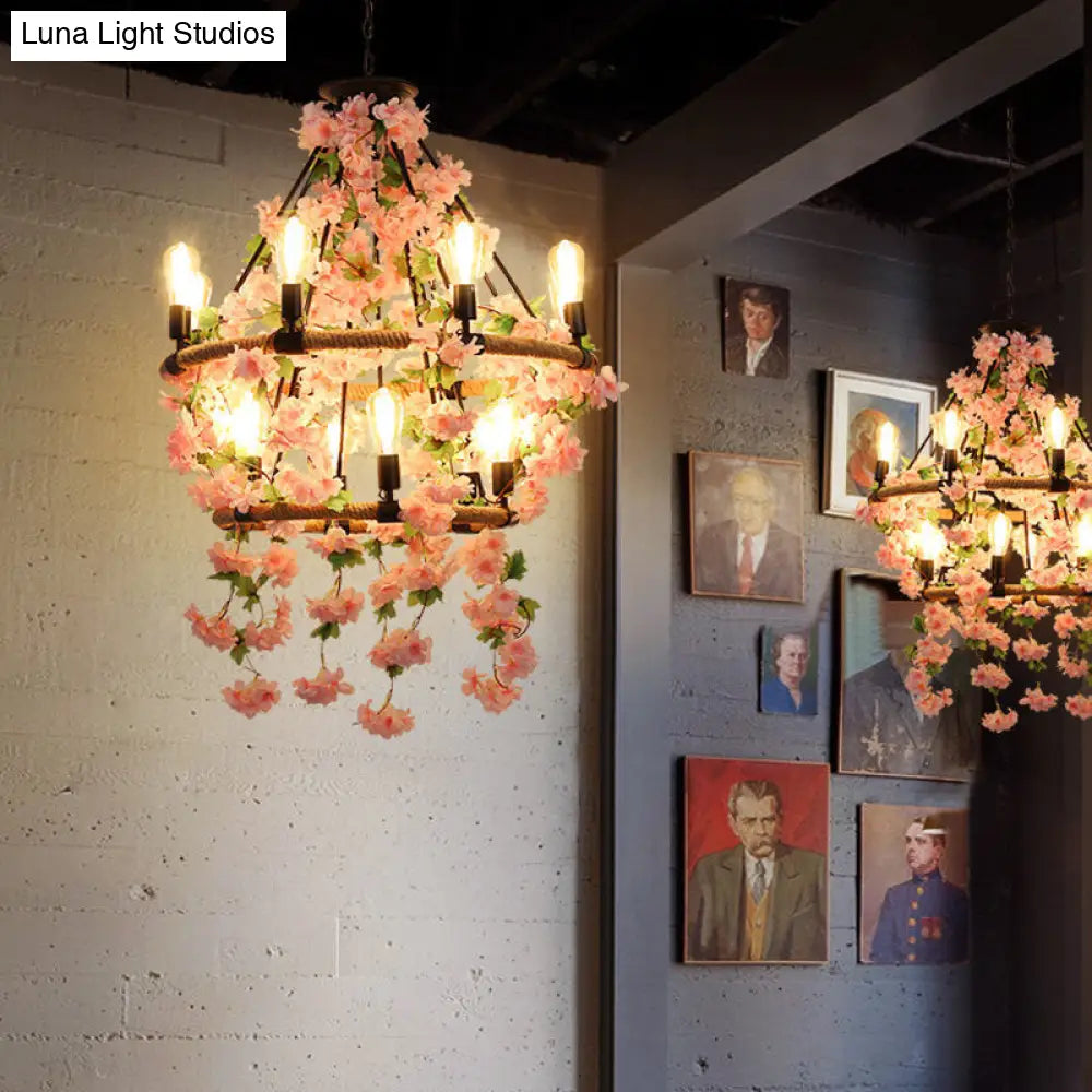Industrial Metal Pendant Chandelier with Flower Decoration - 6/8/14-Head Pink Ceiling Light