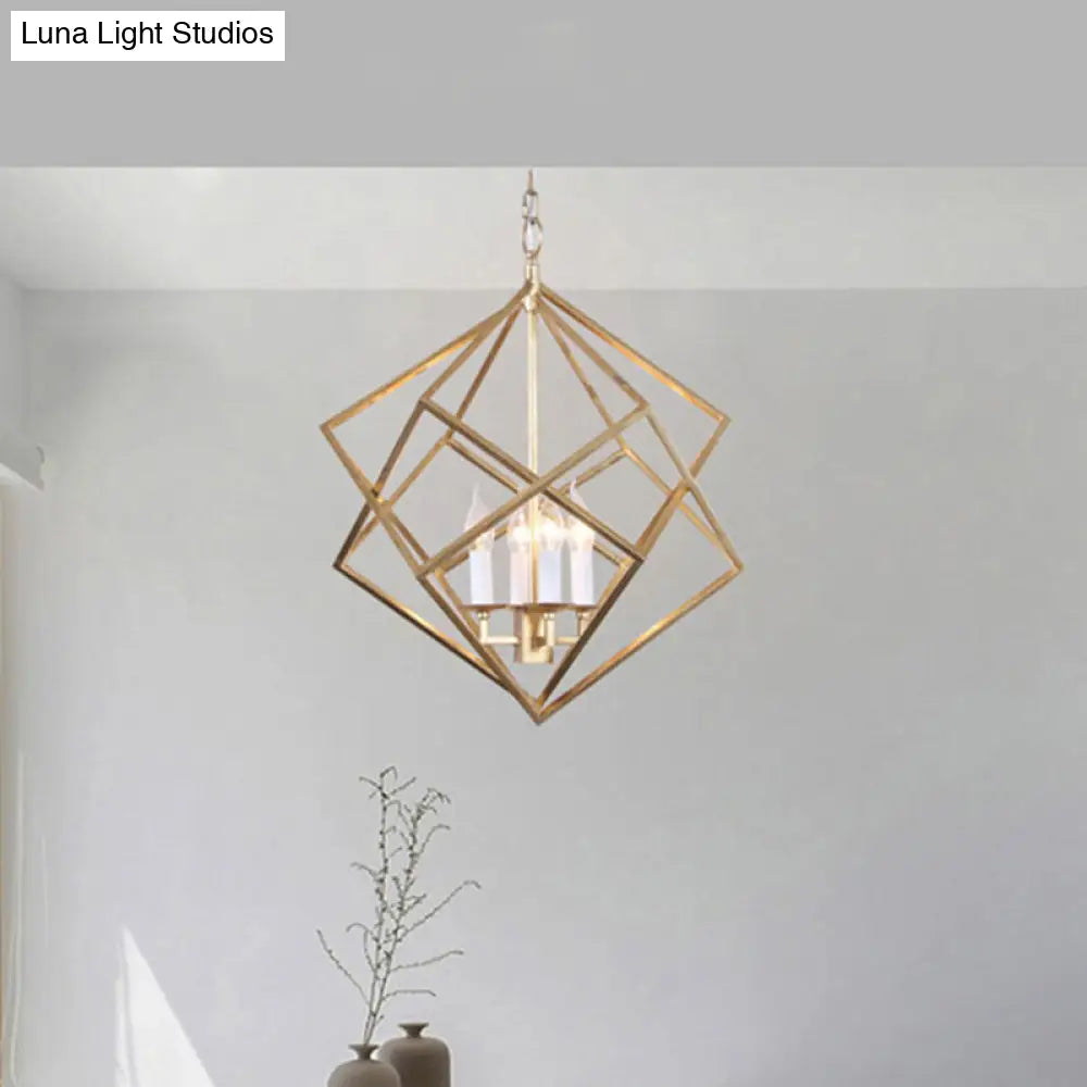 Industrial Metal Pendant Light Fixture - Prismatic/Rhombus Cage Shade, 4-Light Suspension in Gold