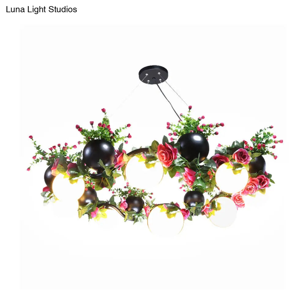 Industrial Metal Sphere Ceiling Lamp with Flower Decoration - 8 Bulbs, Black. Perfect for Living Room