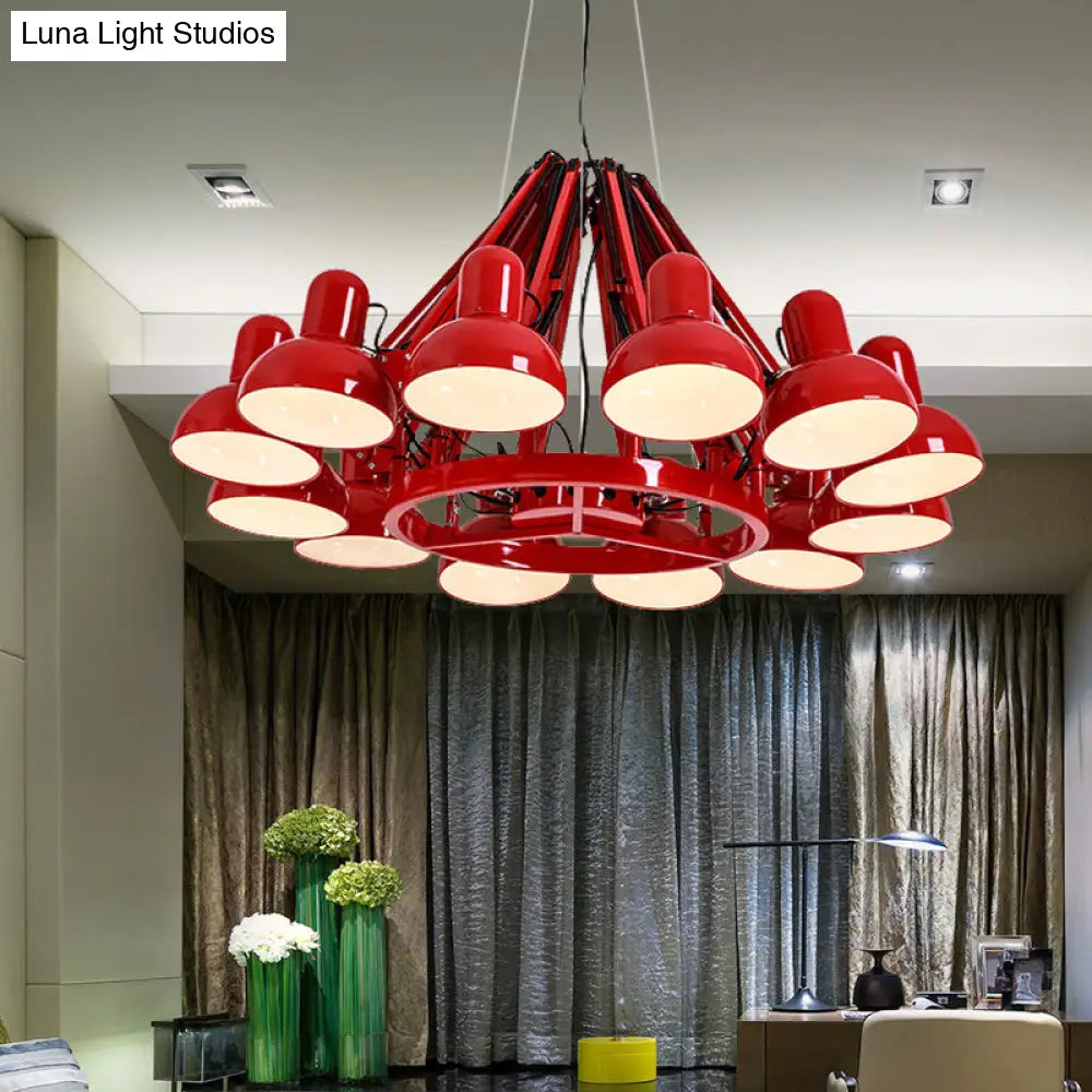 Industrial Metal Swing Arm Chandelier Lamp with Dome Shade and 12 Black/Red Bulbs for Living Room